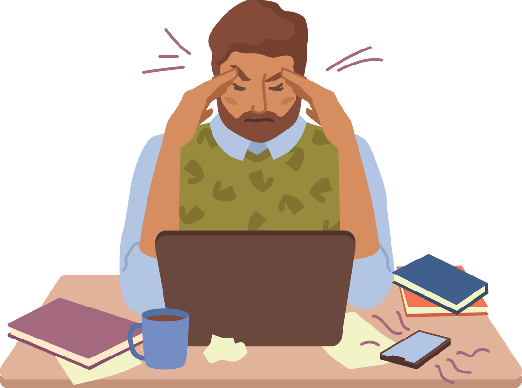 Tired Man Overworking at Work, Trying Concentrate